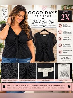 Good Days Project Black Floral Lace Ruched Drawstring Top 2X